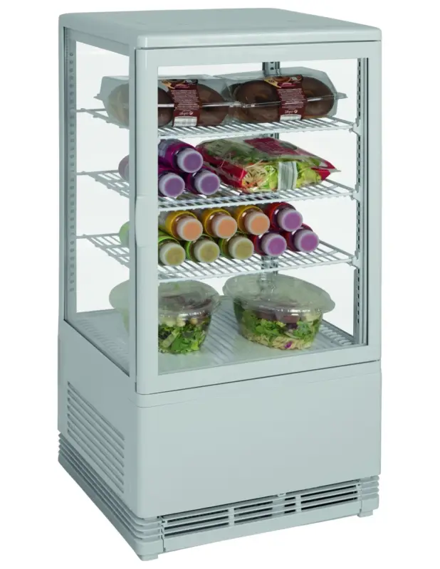 VITRINE REFRIGEREE BLANCHE 68 LITRES 0/+12°C 3 GRILLES. AVEC ECLAIRAGE Tension : 230V Mono – Puissance (en kW) : 0.16 L (en mm) Expédié Aujourd’hui
