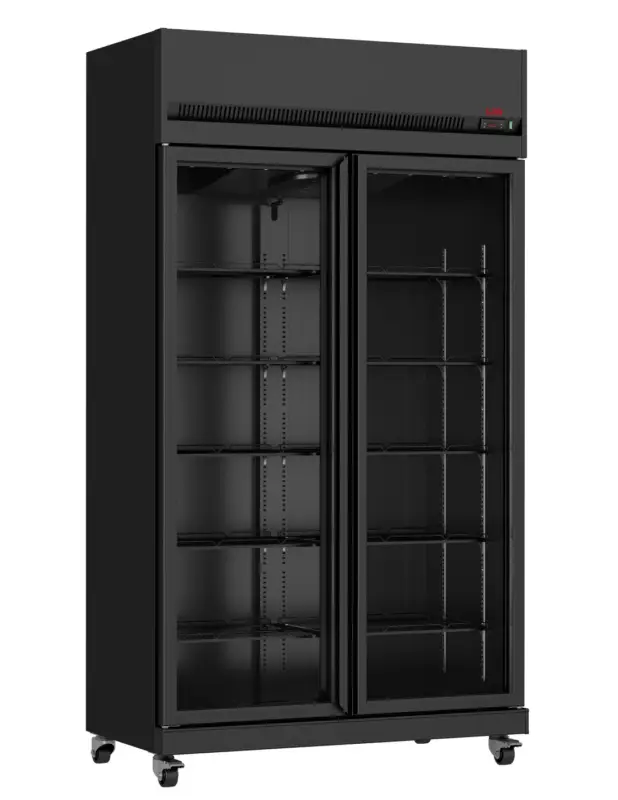 VITRINE REFRIGEREE. 1/10°C A 32°C 65% HR. GROUPELOGE SUR LE DESSUS. 2 PORTES VITREES. CARROSSERIE EXTERIEURE NOIRE. INTERIEUR Certifié