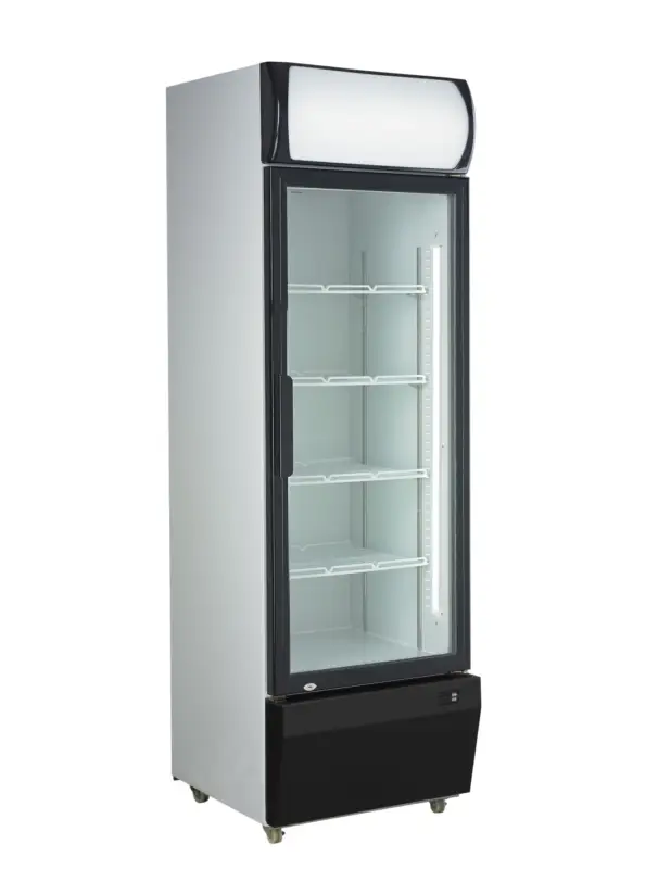 Marque VITRINE A BOISSONS. +1/+10°C. 1 PORTE BATTANTE VITREE. AVEC CLE. 4 ETAGERES Tension : 230V Mono – Puissance (en kW) : 0.268 L (e