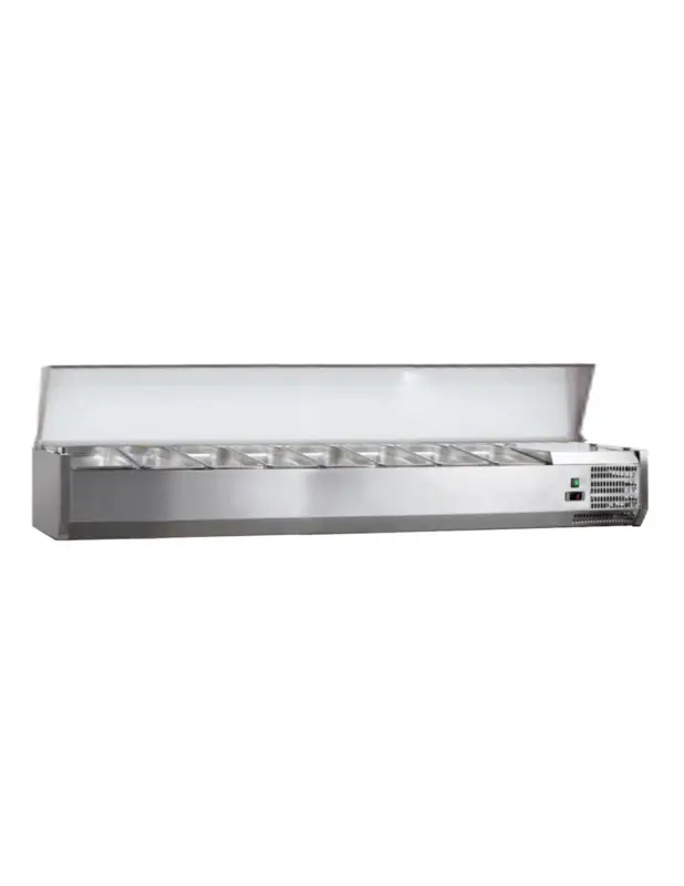 VITRINE A INGREDIENTS INOX. +2/+8°C. GAZ R600A COUVERCLE INOX. 8GN1/3-150 NON COMPRIS Tension : 230V Mono – Puissance (en kW) : Must-Have