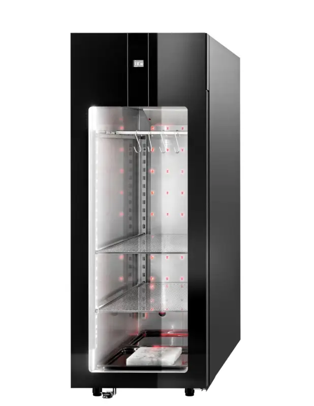 Produit De Marque ARMOIRE REFRIGEREE DE MATURATION DE VIANDE 0/+4°C GAZ R290. P. VITREE. 2 NIV. DE STOCKAGE GN2/1 + BARRE A PENDERIE Tension : 230