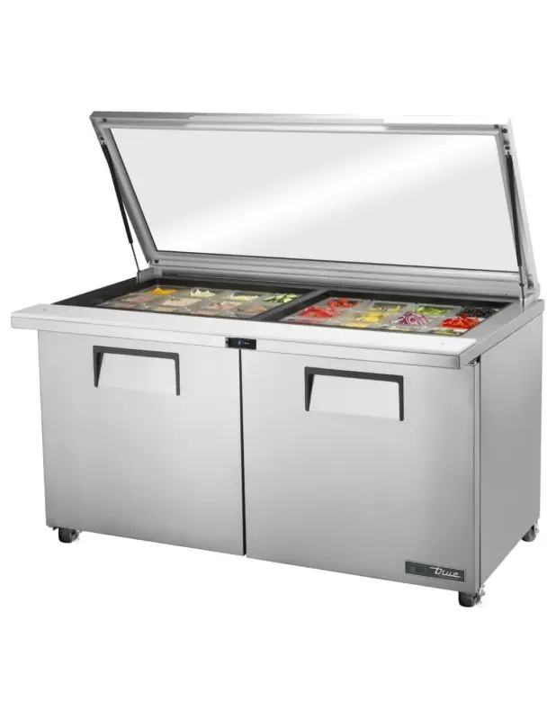 Vente Directe Table de préparation 24 bacs GN 1/6 avec couvercle en verre True TSSU-60-24M-B-ST-FGLID