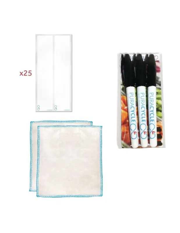 Promotion Saisonnière Lot 25 étiquettes vierges pour bouteille réutilisables, 3 marqueurs et 2 chiffons Puracycle