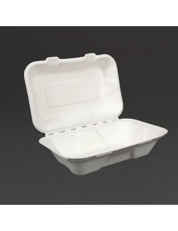 Bon Plan Boîtes repas en bagasse compostables avec couvercle à charnière Vegware 228mm (Lot de 200)