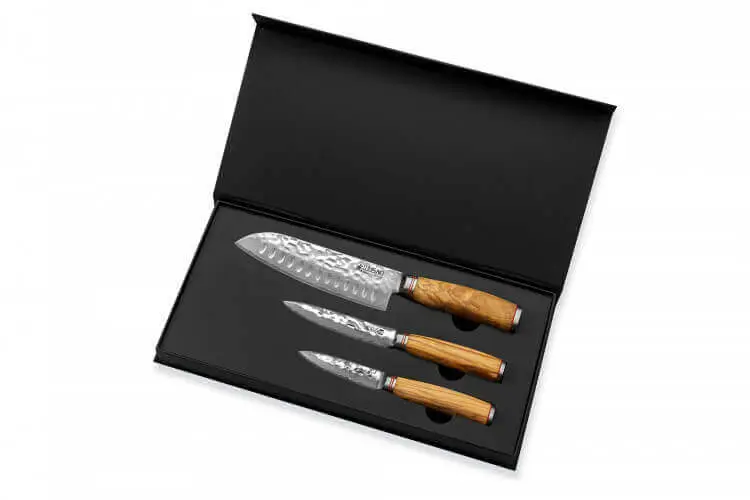 Commande En Gros Coffret 3 couteaux Wusaki Damas 10Cr olivier Santoku + Universel + Office