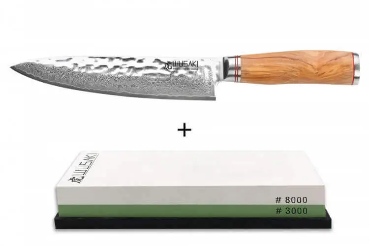 Marque Pack Couteau de chef Wusaki Damas 10cr 20cm + Pierre &agrave; aiguiser 3000/8000