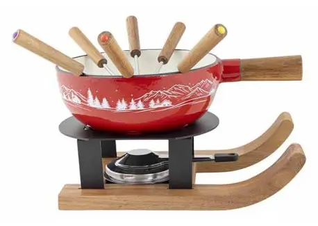 Prix Promo Aspen Service à Fondue Savoyarde et Bourguignonne Ski Fonte Emaillée Rouge