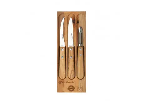 Coffret Couteaux et Eplucheur 3 pcs Inox Manche en Bois Olivier Jusqu’à Épuisement Des Stocks