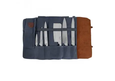 Nouveauté Chef Etui Couteaux Pliant Cuir et Toile 9 Compartiments Bleu Marine 38×37 cm