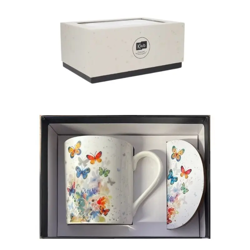 Bon Plan Coffret Mug 28cl et Sous Tasse Papillons, Kiub