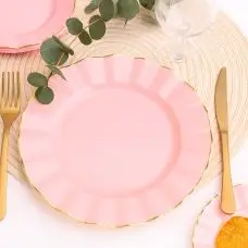 6 Assiettes Réutilisables Plastique Rose et Or 26cm Satisfait Ou Remboursé