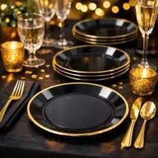 6 Petites Assiettes Élégance – Réutilisables – Plastique Noir et Or Ø19cm Achetez Aujourd’hui