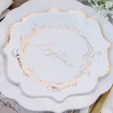 8 Assiettes en carton Baptême Crème et Or Ø23cm Nouvelle Collection