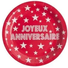 Assiette carton Joyeux Anniversaire Rouge 23cm x 10 pièces Offre Spéciale